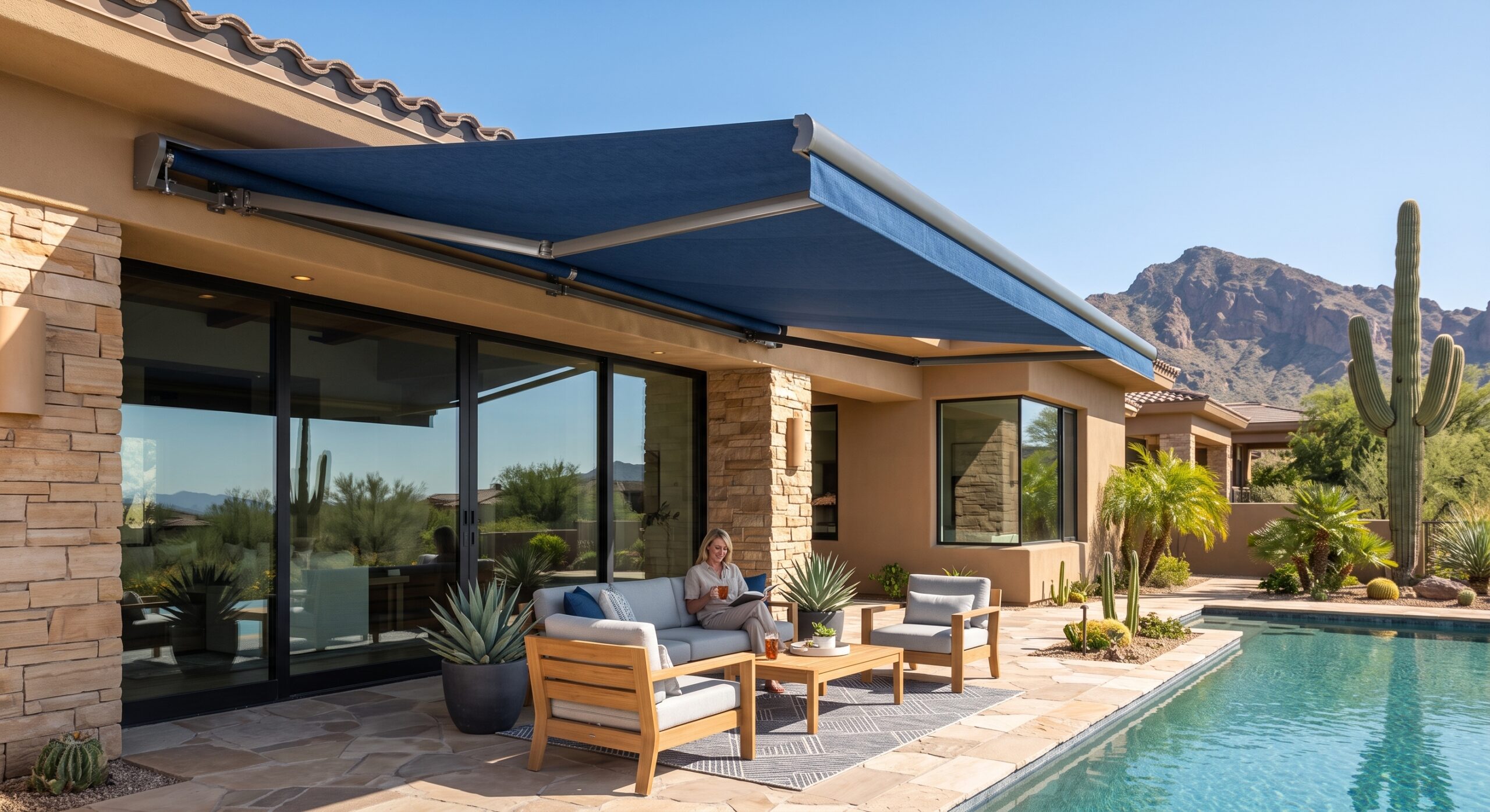 Illustration of a blue retractable awning shading an Arizona patio beside a pool.